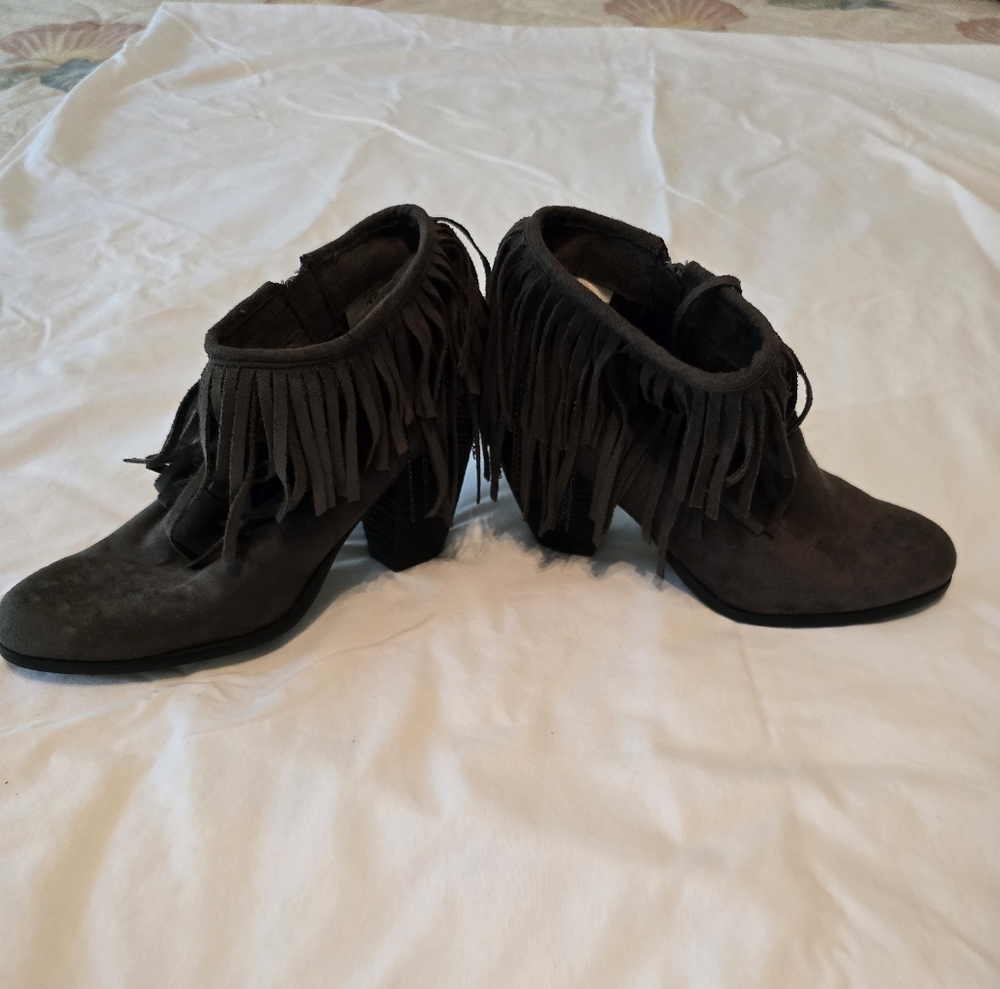 Fringe Ankle Boots - Dark Gray Suede